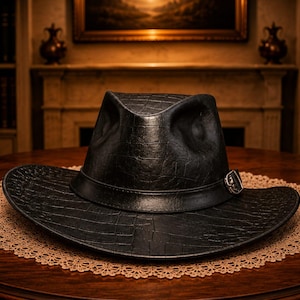 Puede incluir: Un sombrero fedora negro con un patrón texturizado similar al de un cocodrilo. El sombrero tiene un ala ancha, una banda de cuero y una hebilla plateada. Descansa sobre una mesa redonda marrón con un tapete decorativo.