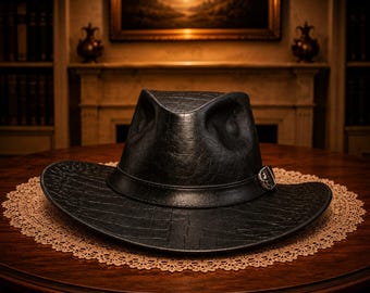 Handmade Black Leather Cowboy Hat Vintage Western Crocodile Hat
