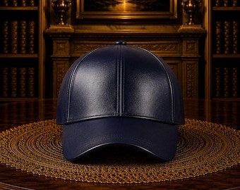 Navy Blue Leather Baseball Cap Minimalist Adjustable Dad Hat