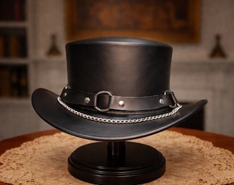 Chapeau haut de forme steampunk en cuir noir costume gothique victorien boucle en chaîne