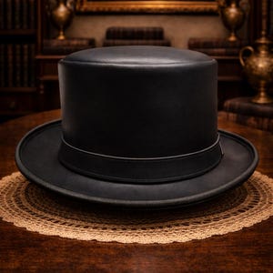 May include: A black top hat with a wide brim and a thin band. The hat is made of a smooth material and sits on a round table with a decorative doily. The background includes bookshelves, a painting, and decorative urns.