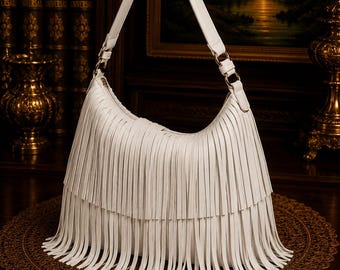 White Fringe Hobo Bag Boho Shoulder Purse Western Tassel Handbag Accessory