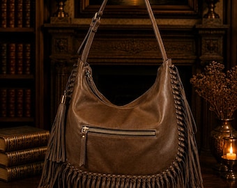 Western Fringe Hobo Bag Boho Cowgirl Purse Brown Leather Shoulder Bag