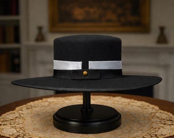 Handmade Black Wide Brim Flat Top Hat – Minimalist Western Boater Style Hat for Men