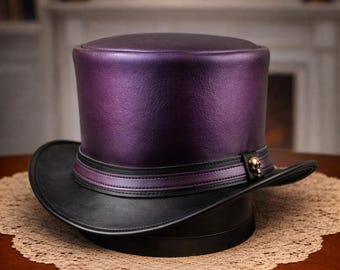 Sombrero de copa morado de cuero genuino hecho a mano con calavera: accesorio para traje gótico victoriano.