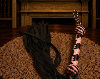Pink Black Leather Flogger Whip Braided Gothic Cosplay Whip
