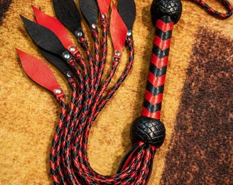 Red Black Leather Flogger Whip – Braided Gothic Cosplay Whip – Handmade Fantasy Leather Whip