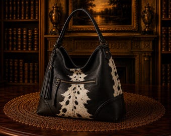 Western Cowhide Hobo Bag Black Leather Shoulder Purse Boho Cowgirl Handbag Rustic Tote Bag