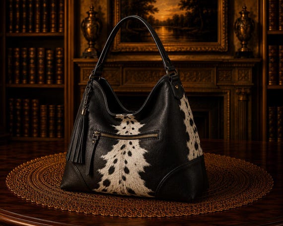 Western Cowhide Hobo Bag Black Leather Shoulder Purse Boho Cowgirl Handbag Rustic Tote Bag