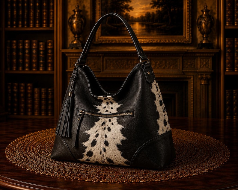May include: Black leather shoulder bag with a cowhide panel featuring black and white spots. The bag has a top handle, a zippered pocket, and a decorative tassel. It is set on a brown, textured surface.