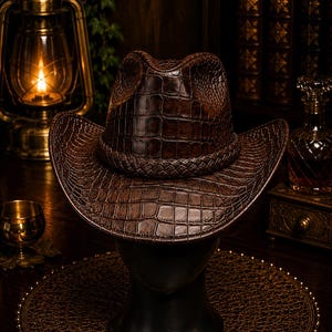 Puede incluir: Un sombrero de vaquero de color marrón oscuro con un patrón de textura de piel de cocodrilo en toda la superficie. El sombrero incluye una banda trenzada que rodea la base de la copa y un ala ancha y curva que se inclina hacia abajo en los lados.