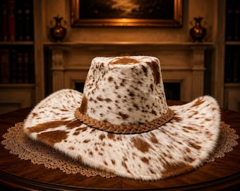 Peut inclure: Chapeau de cowboy marron et blanc tacheté, orné d'une bande tressée marron. Le chapeau est posé sur une surface marron bordée de dentelle. La forme est typique des chapeaux de cowboy.