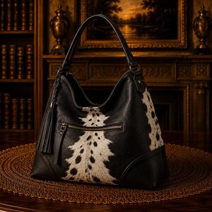 May include: Black and white cowhide shoulder bag with a top handle and a zipper pocket. The bag features a black leather base and trim, and a decorative tassel. The bag is sitting on a brown, circular placemat.
