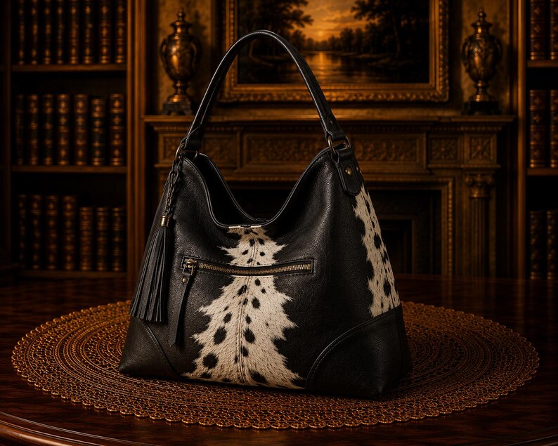 May include: Black and white cowhide shoulder bag with a top handle and a zipper pocket. The bag features a black leather base and trim, and a decorative tassel. The bag is sitting on a brown, circular placemat.
