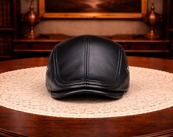 Black Leather Flat Cap Mens Vintage Newsboy Cap Classic Gatsby Peaky Blinders Style Hat