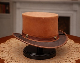 Chapeau haut de forme vintage steampunk en cuir marron fait main pour homme