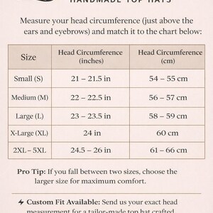 Puede incluir: Gu&iacute;a de tallas para sombreros de copa hechos a mano. La tabla muestra la circunferencia de la cabeza en pulgadas y cm. Tallas desde Peque&ntilde;a (21-21.5 in, 54-55 cm) hasta 2XL-5XL (24.5-26 in, 61-66 cm). Ajuste personalizado disponible.
