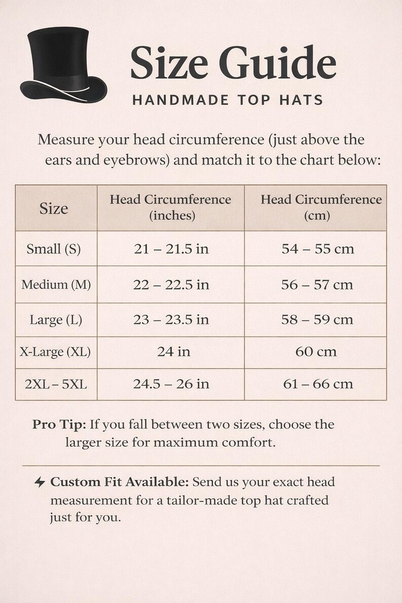 Puede incluir: Gu&iacute;a de tallas para sombreros de copa hechos a mano. La tabla muestra la circunferencia de la cabeza en pulgadas y cm. Tallas desde Peque&ntilde;a (21-21.5 in, 54-55 cm) hasta 2XL-5XL (24.5-26 in, 61-66 cm). Ajuste personalizado disponible.