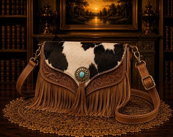 Western Cowhide Crossbody Bag with Fringe and Floral Tooling – Boho Cowgirl Purse