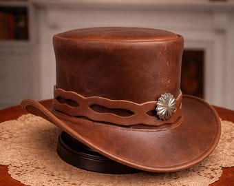 Chapeau haut de forme en cuir marron pour homme, chapeau western steampunk victorien, style cowboy vintage fait main