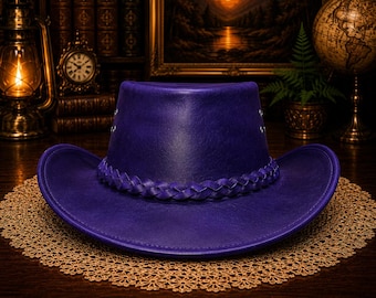Purple Leather Cowboy Hat Western Ranch Headwear Handmade Rodeo Style Accessory