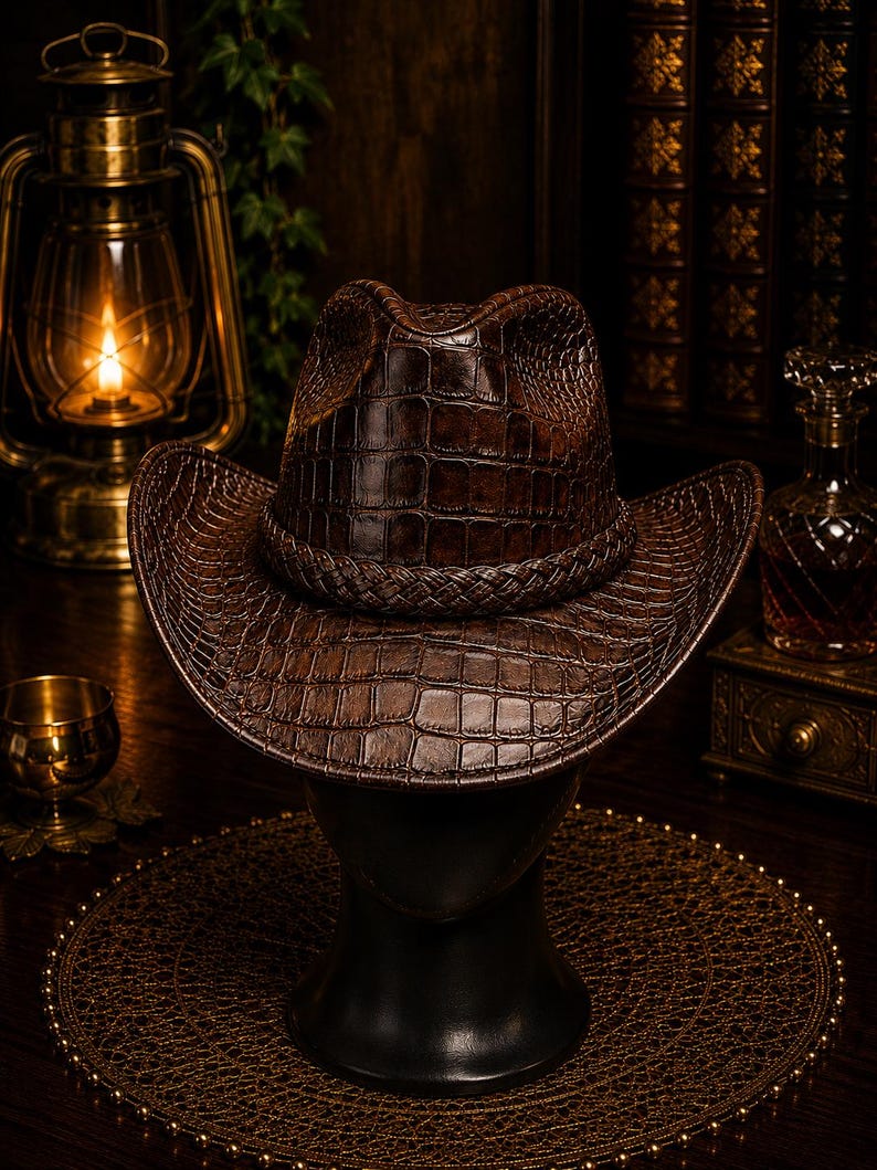 May include: A dark brown cowboy hat featuring a textured crocodile skin pattern across the entire surface. The hat includes a braided band encircling the base of the crown and a wide, curved brim that slopes downward at the front and back sides.