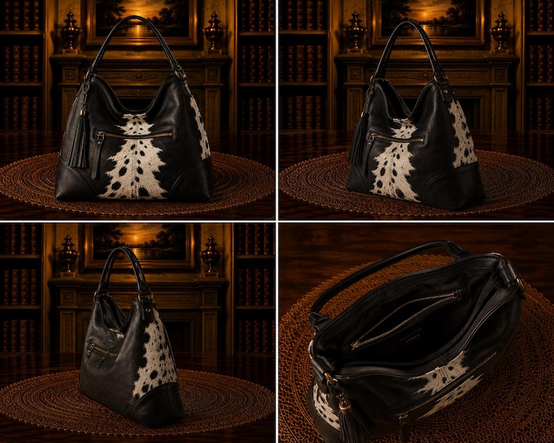 May include: Black and white leather hobo bag with a cowhide pattern. The bag features a top handle, a zipper closure, and a decorative tassel. The bag is sitting on a round, woven mat.