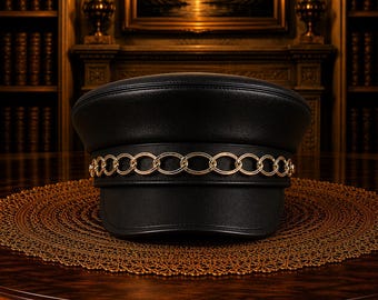 Black Leather Chain Military Cap Luxury Gothic Biker Hat