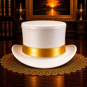 May include: A white top hat with a gold band, set on a gold lace doily. The hat features a cylindrical crown and a broad brim. The gold band provides a touch of sophistication. The hat is a classic design.