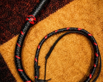 Black Red Leather Bullwhip Handmade Braided Cowboy Whip Western Leather Whip