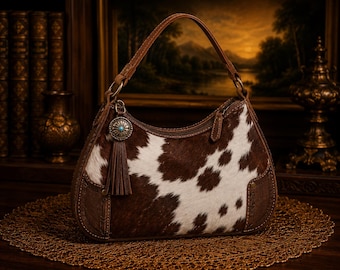 Cowhide Hobo Purse Western Shoulder Bag Rustic Handbag Ranch Style Tote Country Fashion Accessory