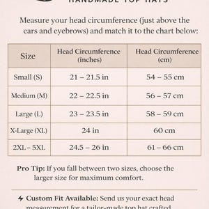 May include: A size guide chart for handmade top hats featuring a black top hat icon. The table lists sizes from Small to 2XL-5XL with corresponding head circumference measurements in inches and centimetres, plus instructions for measuring head size.