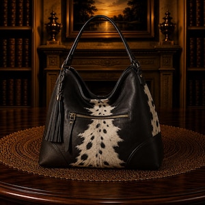 May include: Black and white cowhide shoulder bag with a top handle and a zipper pocket. The bag features a black leather tassel and a gold zipper. The bag is sitting on a brown table.