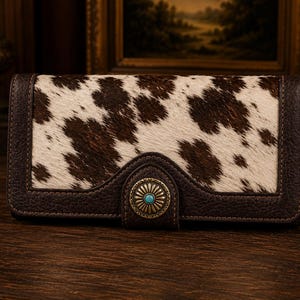 Cartera de piel de vaca estilo western para chequera, bolso de mano rústico de vaquera, organizador de rancho, accesorio de rodeo, regalo de estilo campestre