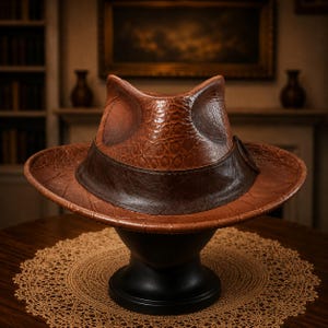 May include: A brown fedora hat with a textured, reptilian-like pattern on the crown and brim. The hat features a dark brown leather band encircling the base of the crown, providing a distinct contrast to the lighter brown, patterned material.