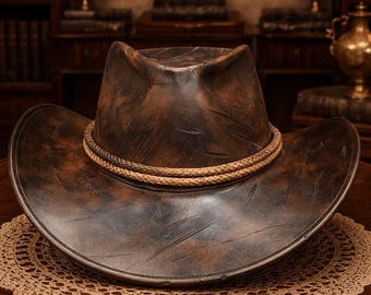 May include: A distressed dark brown cowboy hat featuring a weathered finish with visible scratch marks and a textured surface. The hat is accented with a double-strand braided tan rope hatband wrapped around the base of the crown.