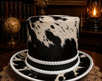 Peut inclure: Un haut-de-forme au motif peau de vache noir et blanc avec une finition en fourrure texturée. Le chapeau comprend une bande noire accentuée par deux épaisses cordes tressées blanches qui entourent la base de la calotte et bordent le large bord.