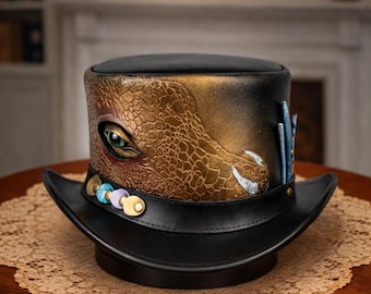 Chapeau haut de forme en cuir oeil de dragon fait main cosplay gothique steampunk