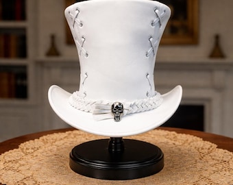 Sombrero de copa steampunk de cuero blanco con detalle de calavera, sombrero de traje gótico victoriano
