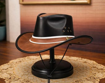 Black Brown Leather Cowboy Hat Western Wide Brim Ranch Style