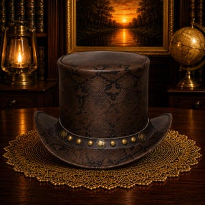 Peut inclure: Un haut-de-forme marron avec un motif texturé en peau de serpent, doté d'une bande en cuir foncé ornée de clous métalliques et d'emblèmes circulaires représentant des bisons. Le chapeau présente une calotte plate et un bord incurvé.