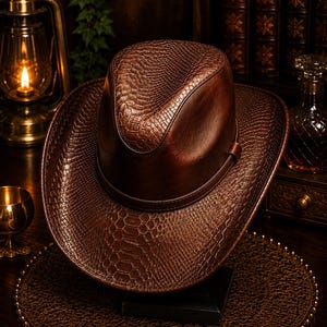 May include: A brown fedora hat featuring a textured snakeskin pattern on the brim and crown, accented by a smooth leather band encircling the base. The hat displays a deep, rich brown colour with a glossy finish and a structured, pinched crown design.