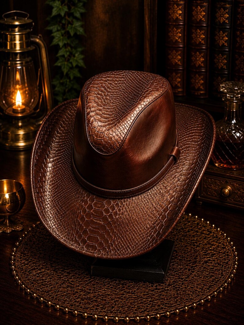 May include: A brown fedora hat featuring a textured snakeskin pattern on the brim and crown, accented by a smooth leather band encircling the base. The hat displays a deep, rich brown colour with a glossy finish and a structured, pinched crown design.