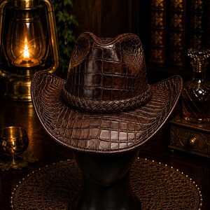 May include: A dark brown cowboy hat featuring a textured crocodile skin pattern across the entire surface. The hat includes a braided band encircling the base of the crown and a wide, curved brim that slopes downward at the front and back sides.