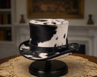 Sombrero de copa estilo western steampunk en blanco y negro con pelo de vaca, hecho a mano.