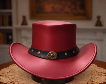 Chapeau de cowboy en cuir rouge fait main