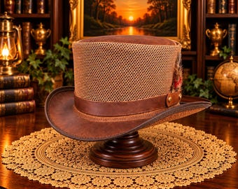 Chapeau haut-de-forme marron style steampunk, chapeau de costume vintage en cuir