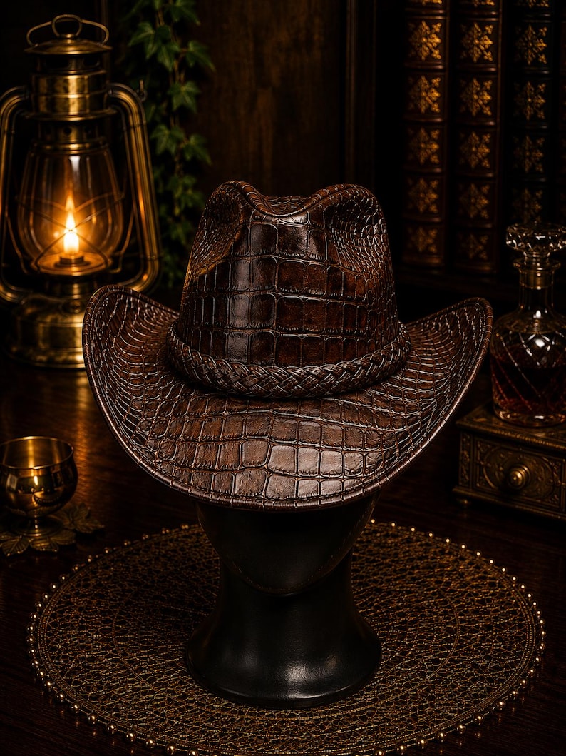 May include: A dark brown cowboy hat featuring a textured crocodile skin pattern across the entire surface. The hat includes a braided band encircling the base of the crown and a wide, curved brim that slopes downward at the front and back sides.