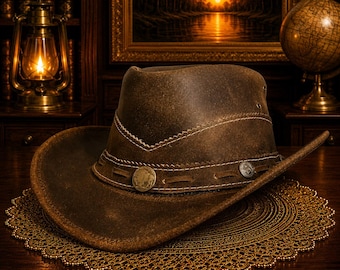 May include: A dark brown leather cowboy hat featuring a wide brim, a pinched crown, and a decorative hat band adorned with metallic coin-style accents. The hat displays visible stitching along the crown and brim, with small ventilation eyelets.