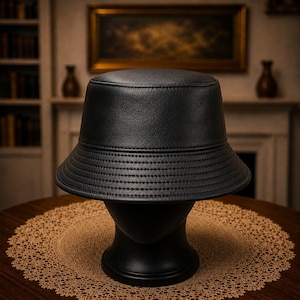 Puede incluir: Un sombrero de pescador negro liso con una superficie texturizada y una corona plana. El sombrero presenta un ala ancha inclinada hacia abajo con varias filas de costuras horizontales alrededor de la circunferencia, dando un aspecto estructurado.